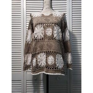 Reference Point Crochet Sweater Women's Size Medium Linen Blend Tan White Floral